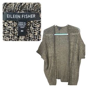 Eileen Fisher Metallic Open Front Tunic Cardigan Sweater Cotton/Linen